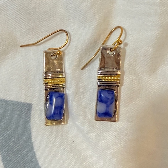 Gold-Toned Blue Gemstone Dangle Earrings with Decorative Bands - Picture 1 of 5